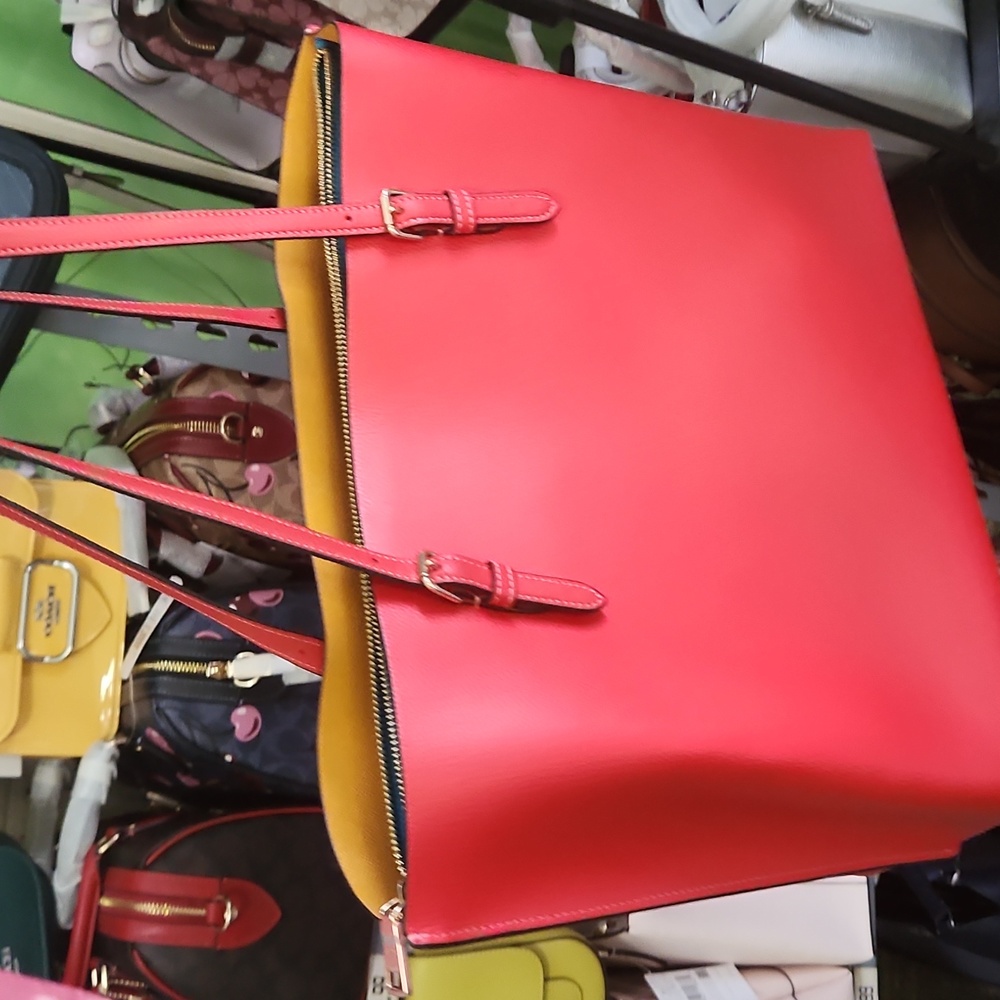 Coach Red /Orange Tote Bag; Lg., beautiful; NWOT; yellow and teal interior. - Picture 2 of 12